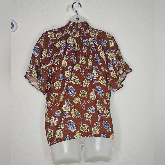 THML Boho Floral Coffee Brown Stripe Detail Ruffle High Neck Short Sleeve Top - Picture 5 of 9